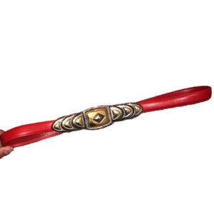 VTG Red Leather Waist Belt w Silver & Gold Tone Heavy Adjustable Buckle 26”